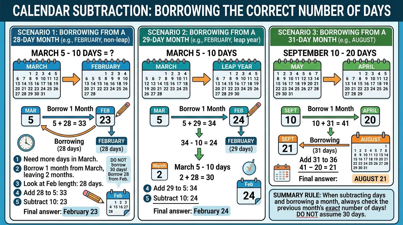 Calendar borrowing steps for month lengths and leap days