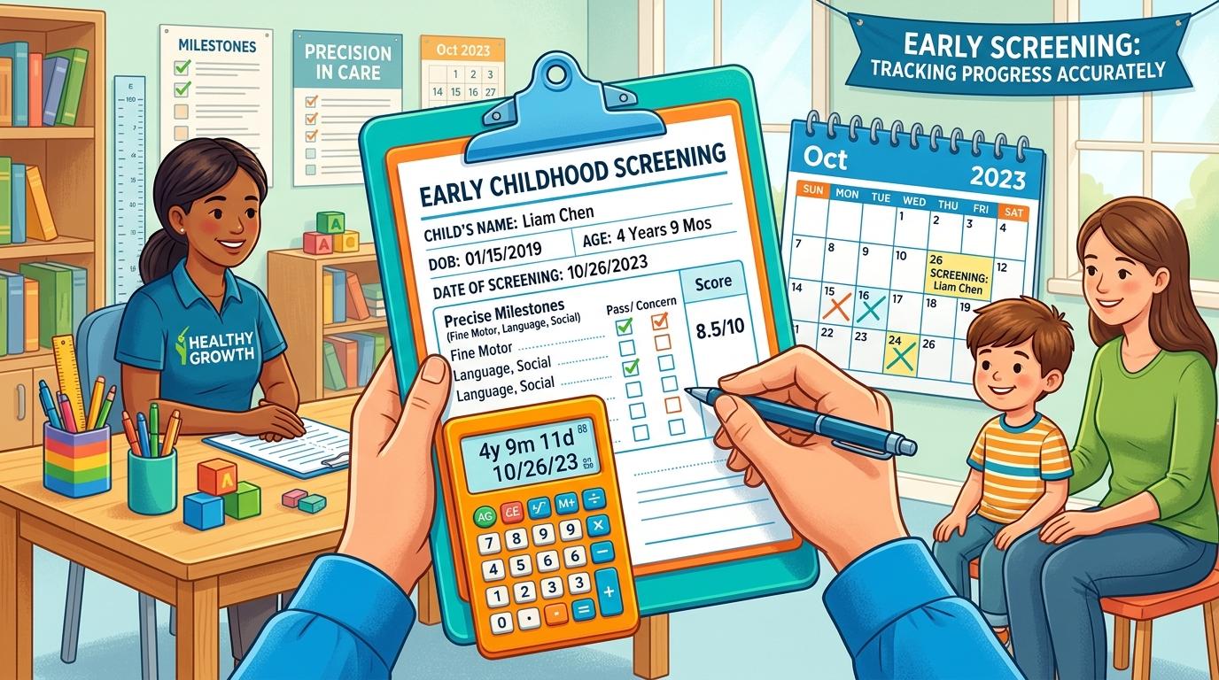 BRIGANCE age calculator comparing screening test date and birth date for Early Childhood Screens