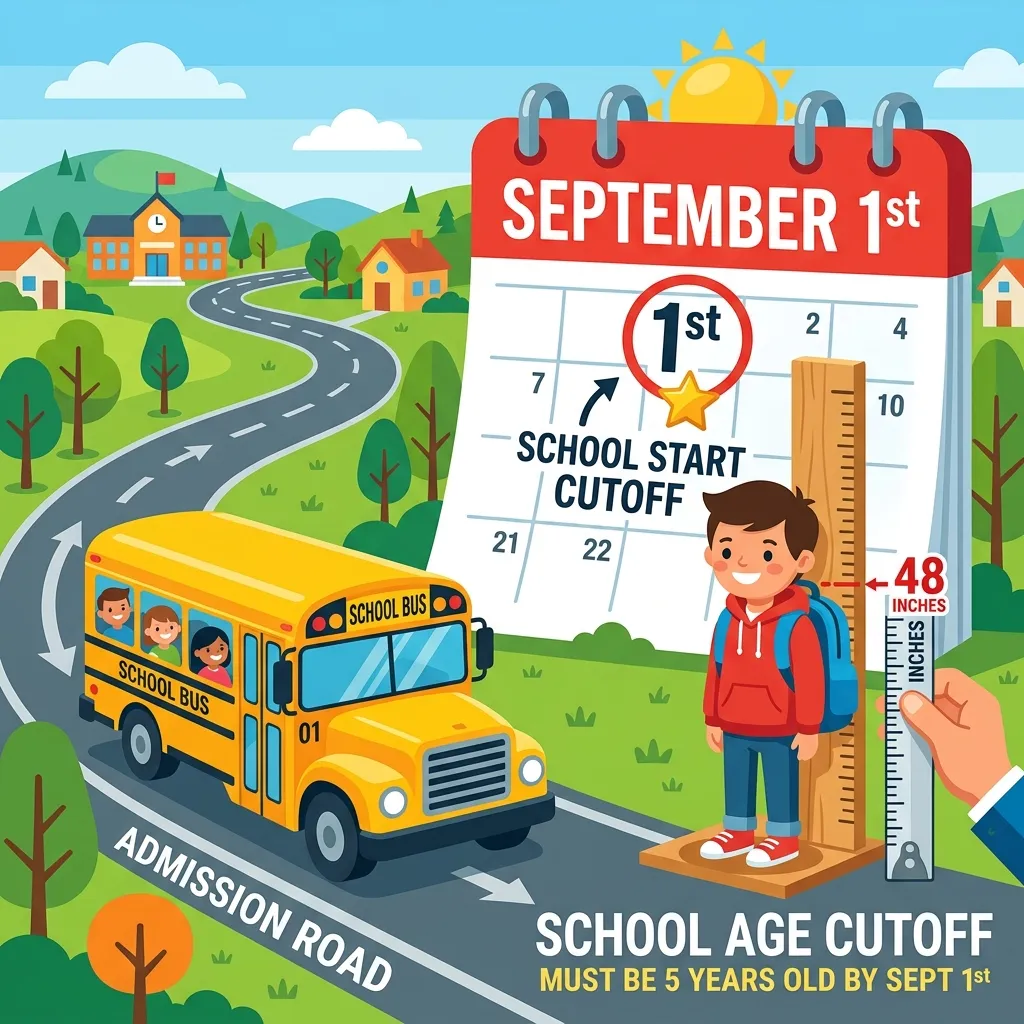 School age cutoff explained with school bus and calendar