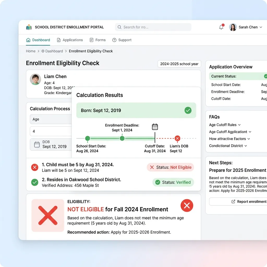 Clean UI dashboard checking school district enrollment deadline