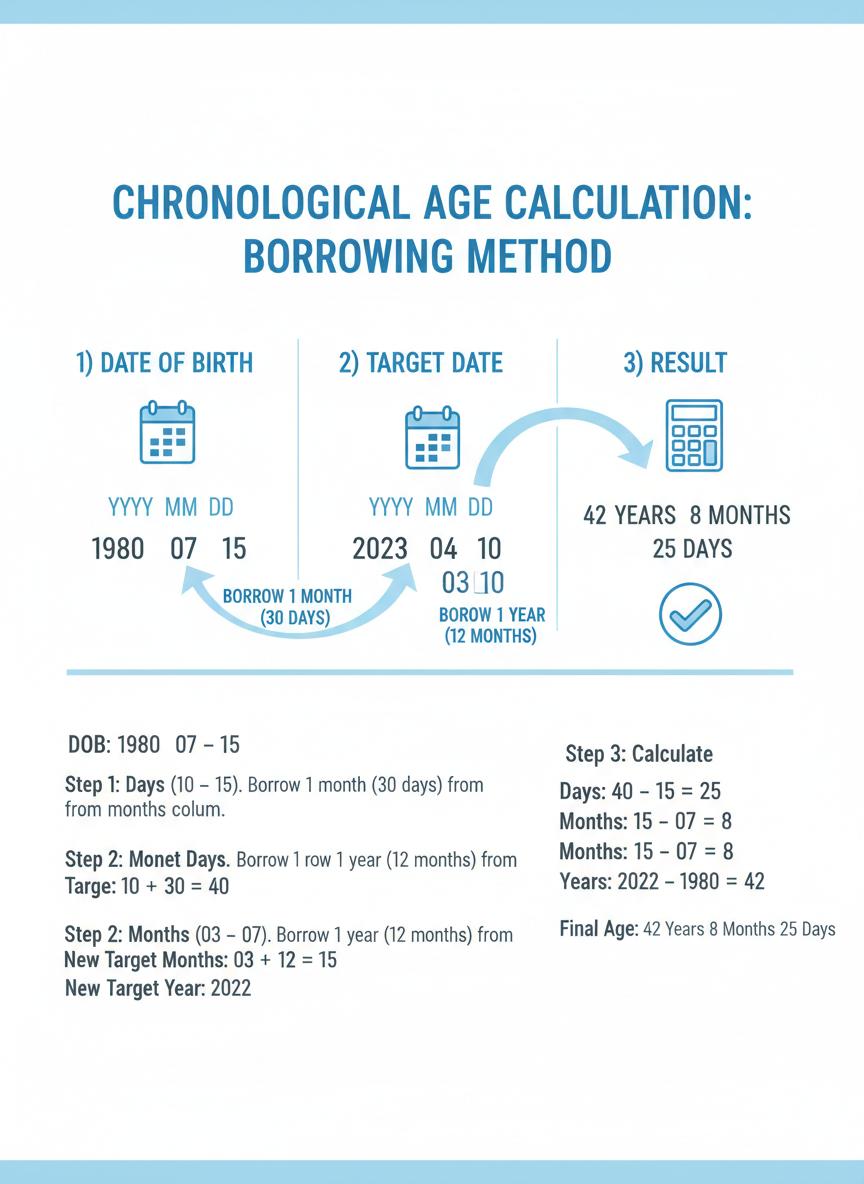 Infographic: Step-by-step chronological age calculation borrowing method process showing date subtraction with borrowing from months and years